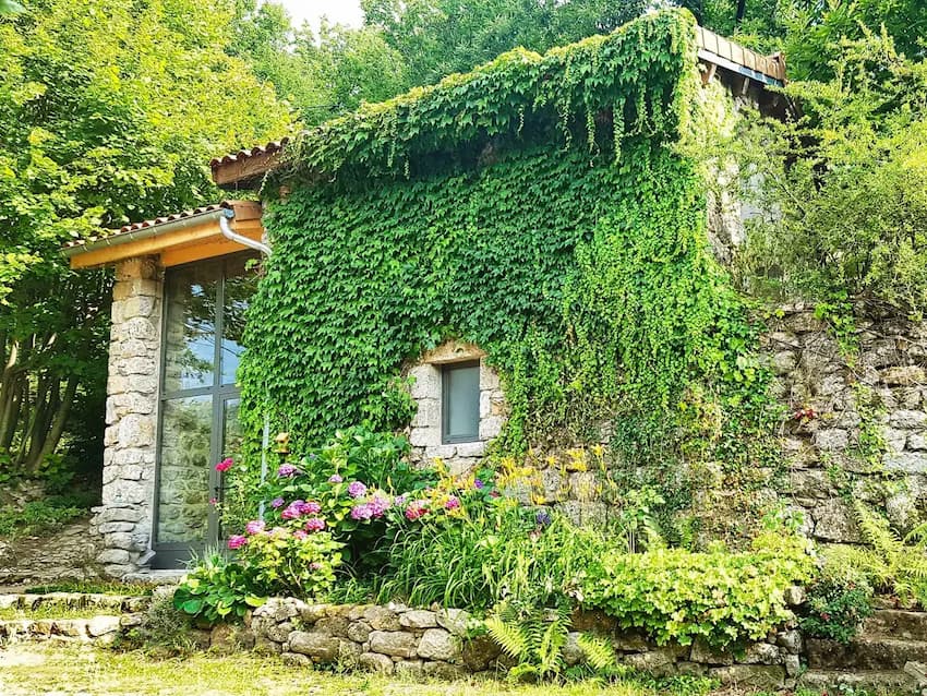 Façade de l'hébergement insolite en pierre La Louve aux Cabanes du Loup Bleu, habillée de végétation et de fleurs